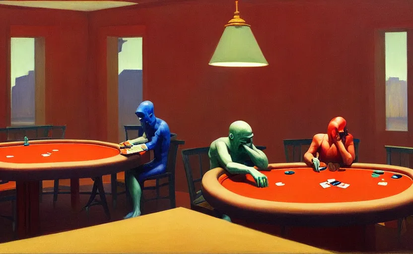 Image similar to Poker room, very coherent, painted by Edward Hopper, Wayne Barlowe, painted by James Gilleard, airbrush, art by JamesJean