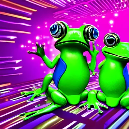 Image similar to futuristic frogs having a rave party in a club