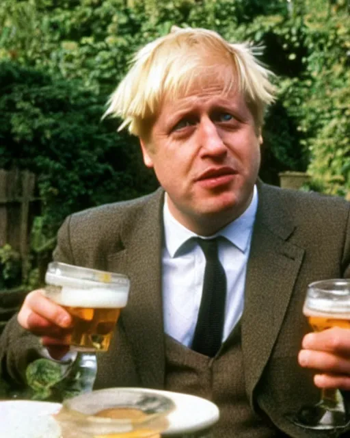 Prompt: film still close - up shot of boris johnson drinking a beer in garden from the movie monty python's the meaning of life. photographic, photography