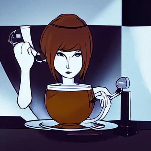 Prompt: photo of glados drinking tea, realistic, sharp focus