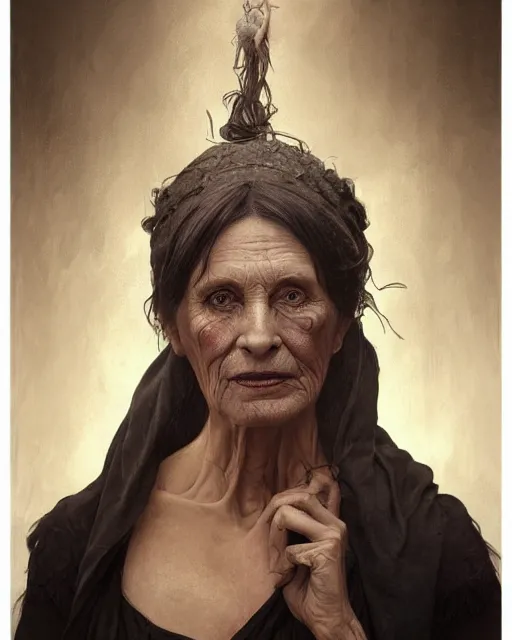 Image similar to portrait 6 0 - year - old woman, tall, severe - looking, with dark hair tied up in a bun, wearing in black clothes, hyper realistic face, beautiful eyes, fantasy art, in the style of greg rutkowski, intricate, alphonse mucha, hyper detailed, smooth