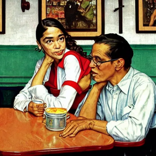 Prompt: Alexandria Ocasio-Cortez in a diner, by Norman Rockwell