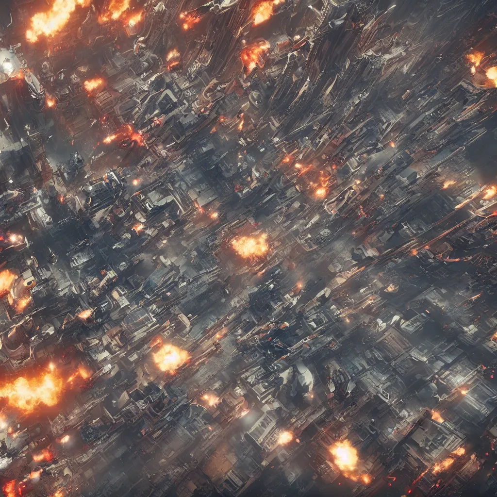 Image similar to squad of futuristic bombers, bombing a baroque cyberpunk city, explosions and fire, aerial view, hypermaximalistic, high details, cinematic, 8k resolution, beautiful detailed, insanely intricate details, artstation trending, octane render, unreal engine