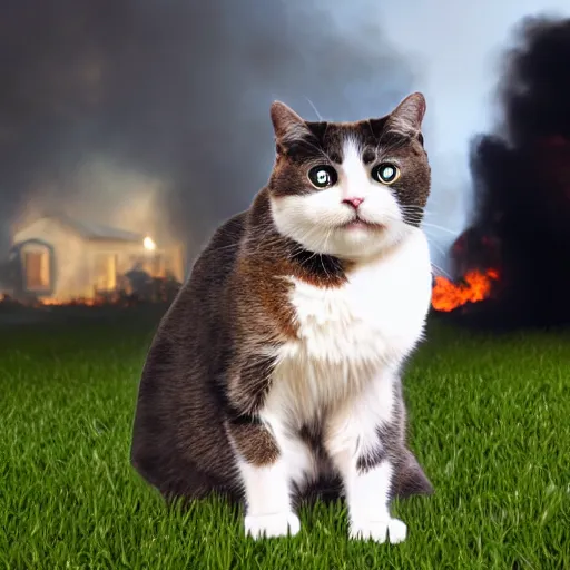 Prompt: an adorable ominous cat sitting in the yard of a home that is blazing on fire in the background behind the cat, cinematic, DSLR, evening