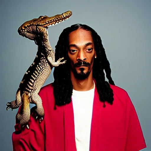 Prompt: Snoop Dogg holding a alligator for a 1990s sitcom tv show, Studio Photograph, portrait, C 12.0