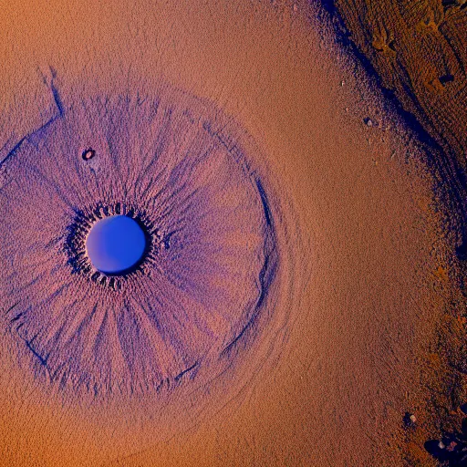 Prompt: landscape photo of a crater in the desert that mimics the shape and macro!!! detail!!! of an iris! and pupil!, centered!! high detail, drone photo, golden hour, medium format