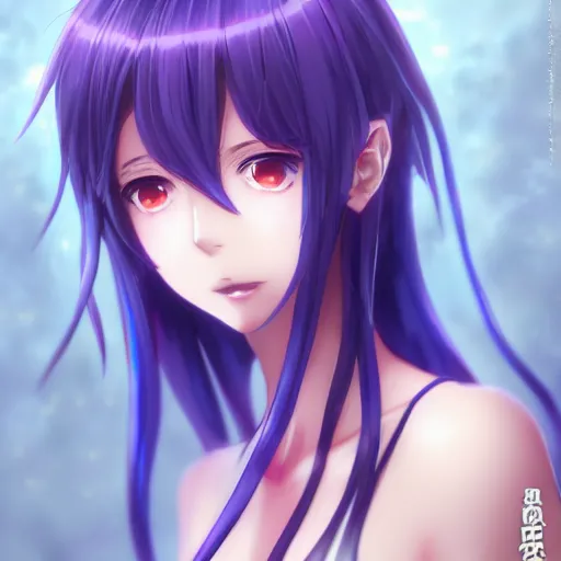 Image similar to anime portrait of Byoru as an anime girl, Bikini, Violet Hair, blue eyes, by Stanley Artgerm Lau, WLOP, Rossdraws, James Jean, Andrei Riabovitchev, Marc Simonetti, and Sakimichan, trending on artstation
