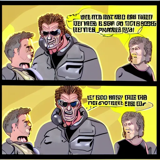 Prompt: 3D render of the terminator saying something funny in a speech bubble with text