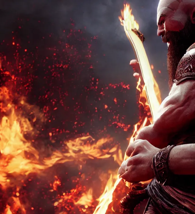 Image similar to kratos shredding on a flaming stratocaster guitar, cinematic render, god of war 2 0 1 8, santa monica studio official media, lightning, stripe over eye