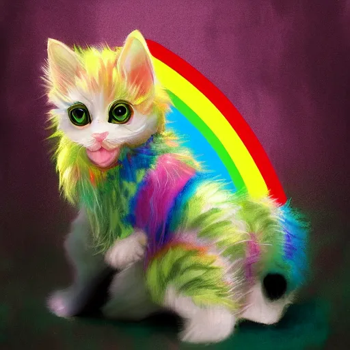 Image similar to wide angle full body, jacket wearing fluffy cute rainbow kitten wearing a black leather motorcycle jacket, cinematic concept art