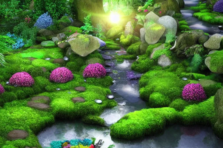 Image similar to hyper realistic detailed render of a heavenly garden of peace, eden filled with trees, stone slab, colourful flowers, moss, ferns, a girl meditating at a distance, small stream or puddles, birds, trending on artstation, volumetric lighting, hyper realistic, hyper detailed, high quality render, blender guru,