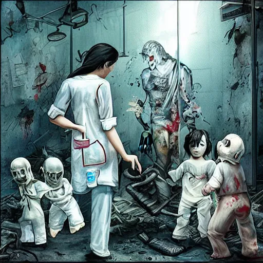 Image similar to “ sensual nurse treating zombie childs in a destroyed hospital, fantasy, artwork ”