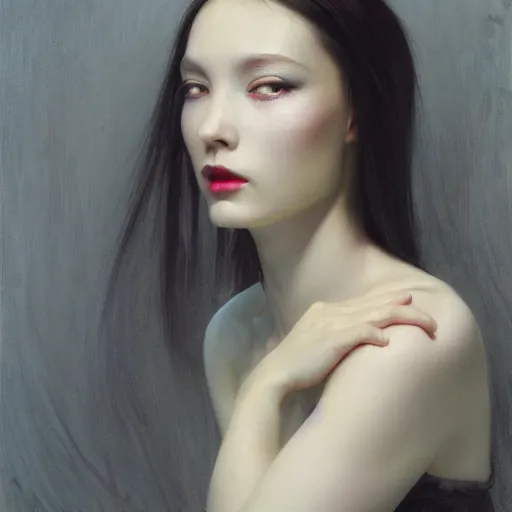 Image similar to yanjun cheng portrait of a beautiful dark fae woman, with black lips, gray mottled skin, black feathers instead of hair, feathers growing out of skin, modestly clothed, intricate, detailed, symmetric face, by wlop and karol bak and bouguereau and viktoria gavrilenko