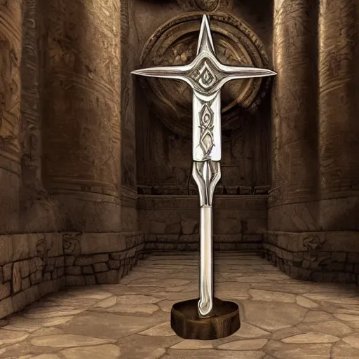 Image similar to Gungnir, the spear of Odin, laying on the pedestal in the armory of the gods, hyper-realistic