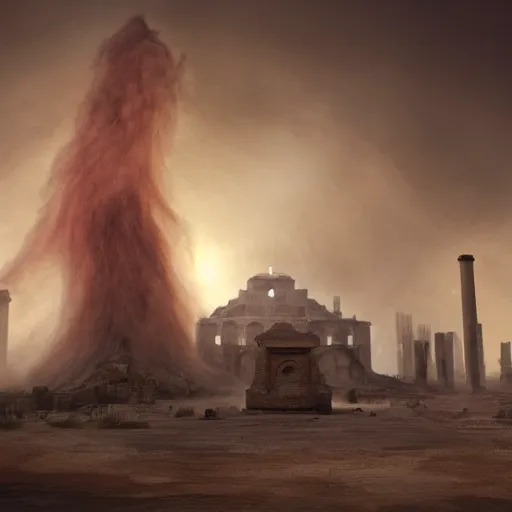 Prompt: Giant smoke monster coming out of the ground, thick swirling smoke, mist, air particles, sandstorm, dramatic lighting, Byzantine ruins, surrounded by priests, worshipers, desert, cinematic, trending on artstation