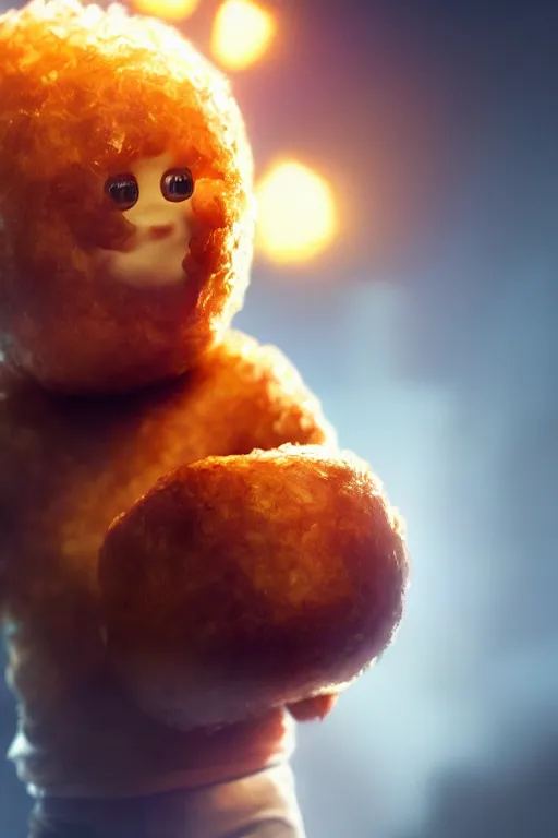 Image similar to channing tatum in a tater tot costume, tater tot face, ef 8 5 mm f 1. 8 usm, bionic scifi alexandre ferra, hyper detailed, digital art, trending in artstation, cinematic lighting, studio quality, smooth render, unreal engine 5 rendered, octane rendered