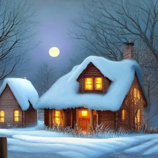 Prompt: wooden cottage inspired by Evgeny Lushpin,midnight,full moon,clouds,winter