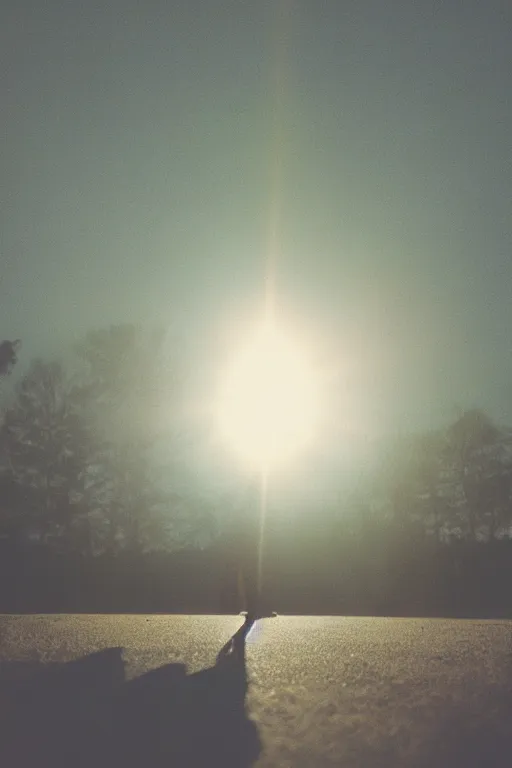 Image similar to agfa vista 4 0 0 photograph of a alien spaceship abducting a person, lens flare, back view, moody lighting, moody vibe, telephoto, 9 0 s vibe, grain, vintage, tranquil, calm, faded