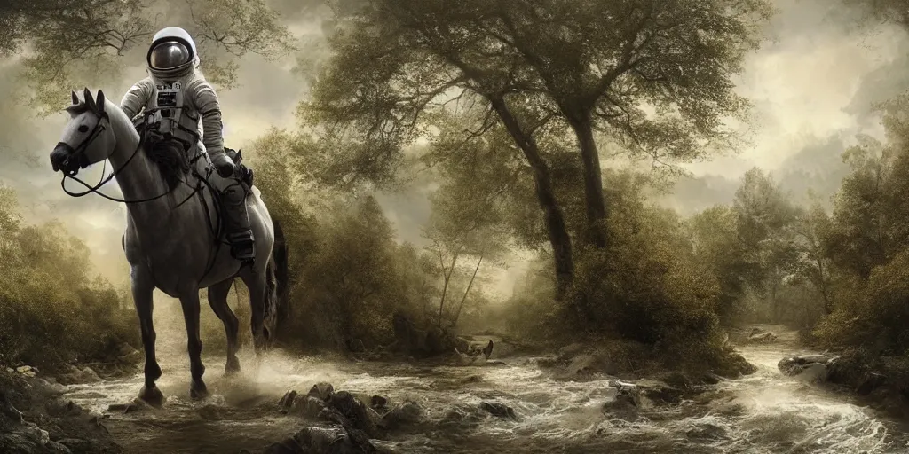 Prompt: an astronaut riding on the back of a white horse through a forest, crossing a river on a bridge, a detailed matte painting by frieke janssens, featured on cgsociety, fantasy art, matte painting, reimagined by industrial light and magic, matte drawing