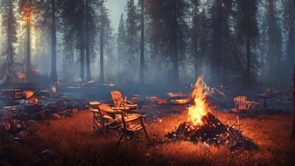 Prompt: beautiful closeup render of a campfire, unreal engine, smoke, sparks, night, soft light, forest, hut, camp, aurora by greg rutkowski, cgsociety