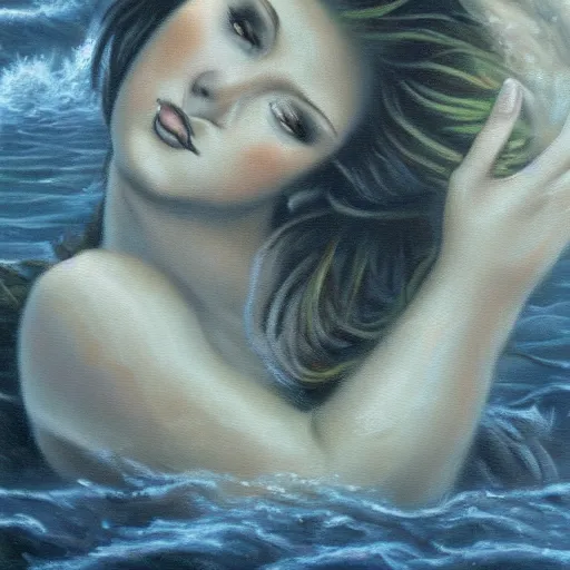 Prompt: oil painting of a mermaid singing on the rock, very beautiful face, terrible storm, realistic