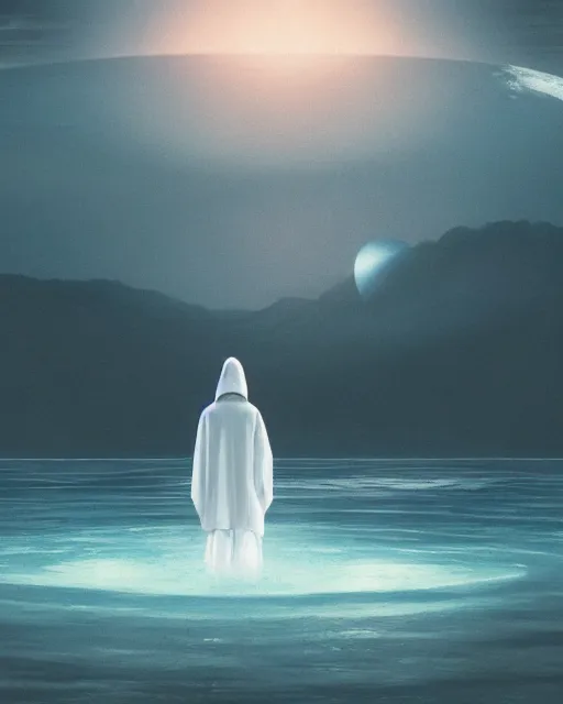 Image similar to a person wearing a white cloak standing in the water. a large planet is overhead. an album cover by stanley twardowicz, trending on cg society, retrofuturism, retrowave, chillwave, synthwave