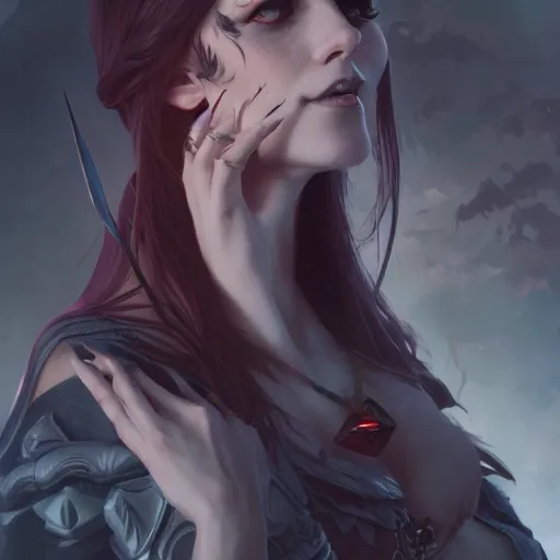 Image similar to Vampire, female, closeup, D&D, fantasy, intricate, elegant, highly detailed, digital painting, artstation, concept art, matte, sharp focus, illustration, hearthstone, art by Artgerm and Greg Rutkowski and Alphonse Mucha