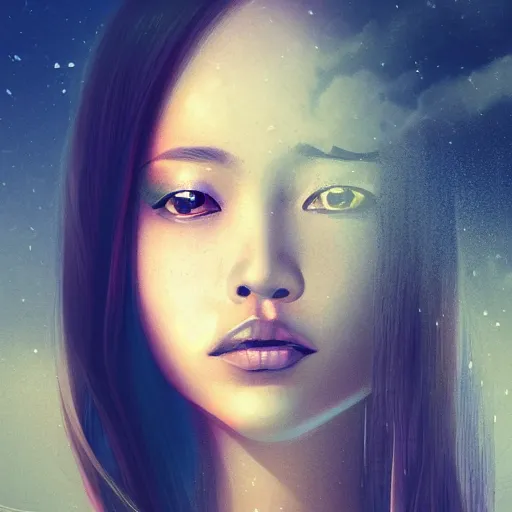 Image similar to a thin, pretty young Filipino woman with long hair floats in a dreamy world, her face in shadow, long shot, very beautiful, inspiring, dramatic lighting, abstract digital art, trending on artstation