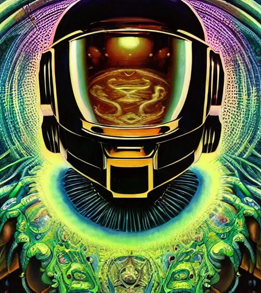 Prompt: single face portrait. complex hyper-maximalist overdetailed beautiful but terrifying, cinematic cosmic scifi portrait of Daft Punk by andrei riabovitchev, tomasz alen kopera, oleksandra shchaslyva alex grey and bekinski. Fantastic realism. Extremely ornated with laced bone, branches with big thornes and green poisonous steam. Volumetric soft green and red lights. Omnious intricate. Secessionist style ornated portrait illustration. Poison goddes. Slightly influenced by giger. Zerg human hybrid goddes. Unreal engine 5. Focus on face. Artstation. Deviantart. 8k 4k 64megapixel. Cosmic horror style. Rendered by binx.ly. coherent, hyperrealistic, lifelike textures and only one face on the image.