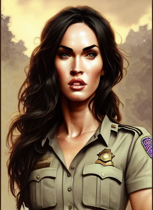 Image similar to portrait of megan fox as police officer, uniform, intricate, headshot, highly detailed, digital painting, artstation, concept art, sharp focus, cinematic lighting, illustration, art by artgerm and greg rutkowski, alphonse mucha, cgsociety