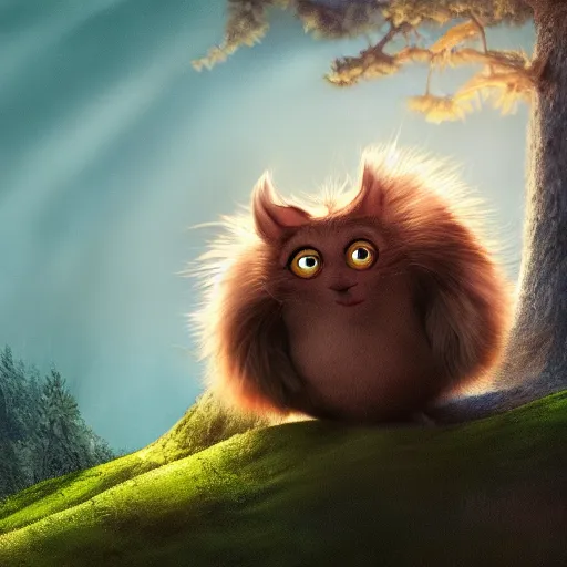 Prompt: young boy on a cute little monster with long fur on a cloud, portrait, pixar style, forest background, cinematic lighting, award winning creature portrait photography