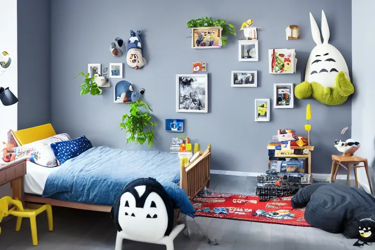 Image similar to IKEA catalogue photo of a children's bedroom with Totoro, Studio Ghibli, Soot sprites, Hayao miyazaki