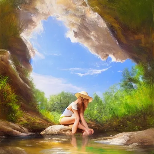 Image similar to blonde girl with summerhat, kneeling in a shallow stream in france, backlit, rocks visible underneath the water, style of volegov