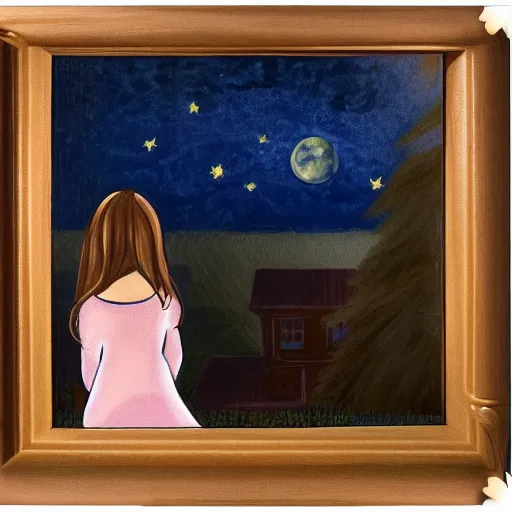 Image similar to painting of brunette girl from behind as she looks at the window at the night sky, feature the moon and hearts