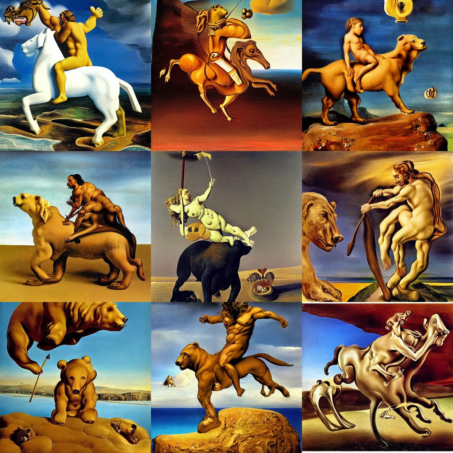 Prompt: profile the temptation of st putin riding a bear, art by salvador dali, surrealist