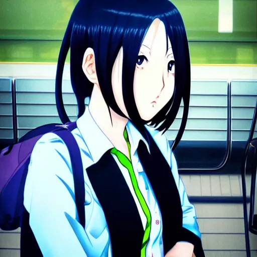 Image similar to anime headshot portrait of tomoko on bus station by makoto sinkai, fine details