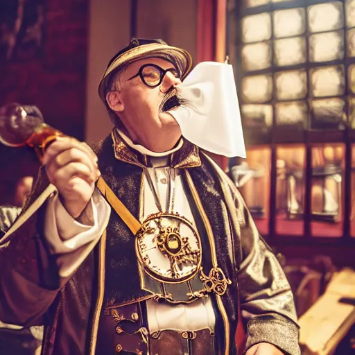 Image similar to photo of the steampunk Pope drinking a beer, 50mm, beautiful photo