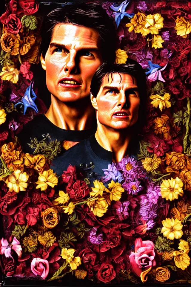 Image similar to bizarre surreal renaissance portrait of tom cruise as a box made out various flowers, dramatic cinematic lighting, bold colors, 8 k, beautiful intricate painting