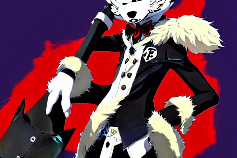 Image similar to persona 5 : royal ( by atlus ) video game splash screen, a furry male sandcolored tan fox fursona ( has hair ), persona 5 phantom thief style