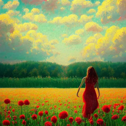 Image similar to giant red carnation head, full body, girl walking in the middle of a field with flowers, surreal photography, hills, sunrise dramatic light, impressionist painting, colorful clouds, digital painting, pointillism, artstation, simon stalenhag