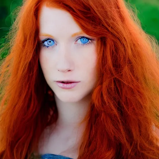 Image similar to Close up 35mm nikon photo of the left side of the head of a redhead photomodel with gorgeous blue eyes and wavy long red hair, who looks directly at the camera. Whole head visible and covers half of the frame,.