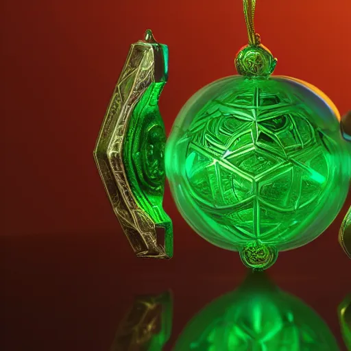 Image similar to shiny metallic amulet with a glowing emerald, highly detailed, concept art, beautiful, octane render, realistic, underwater