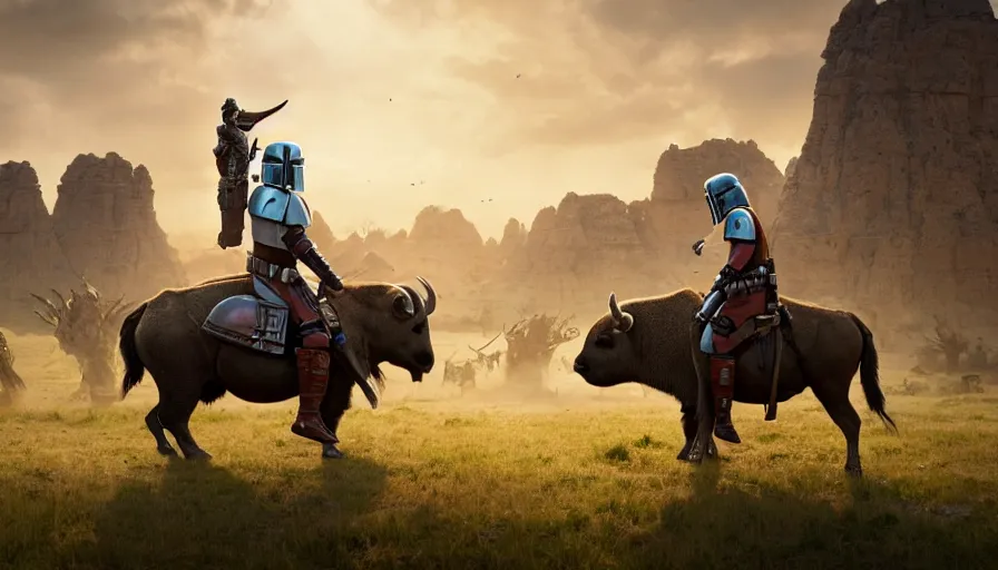 Image similar to mandalorian riding a buffalo alone, madagascar with baobabs trees in the background, action scene, an epic fantasy, artgerm and greg rutkowski and alphonse mucha, an epic fantasy, volumetric light, detailed, establishing shot, cinematic, photorealistic, hyper detailed, ultra realistic, trending on art station, octane render, midsommar