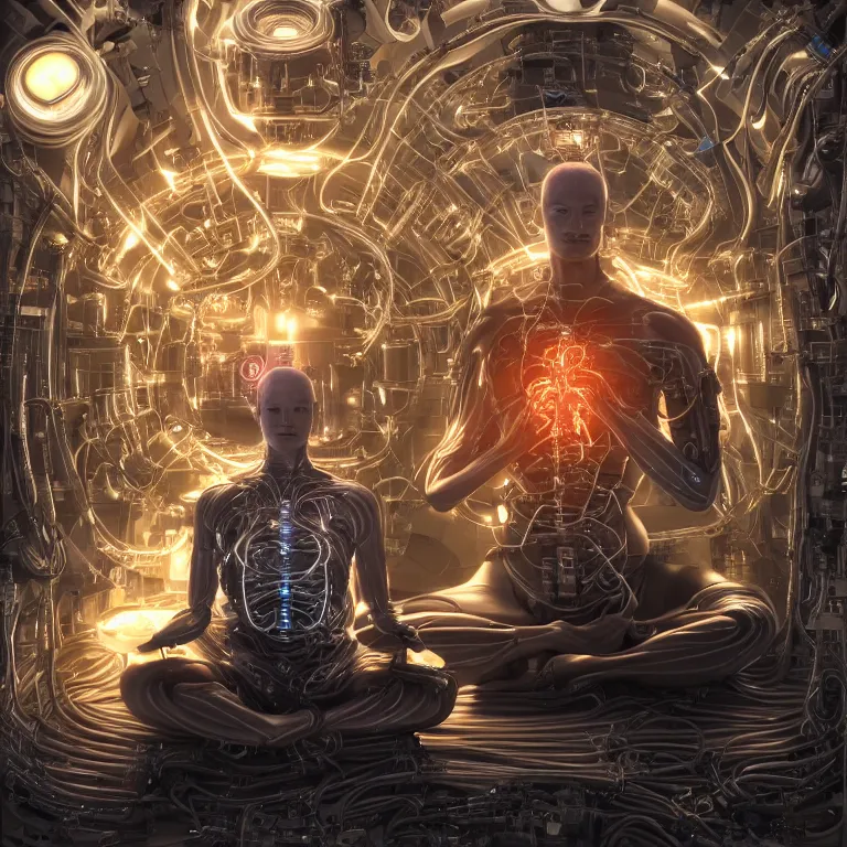 Image similar to Meditating cyborg with many cybernetic implants and wiring and a portable fusion reactor instead of a heart, sitting in a lotus pose, slightly smiling, techno-optimism, utopia, sci-fi, hyperrealist, centered, wide angle shot, sharp focus, detailed, intricate, 4k UHD, creative lighting, digital painting by Greg Rutkowski, face by artgerm, digital art, trending on artstation, top post of all time on /r/transhumanism subreddit