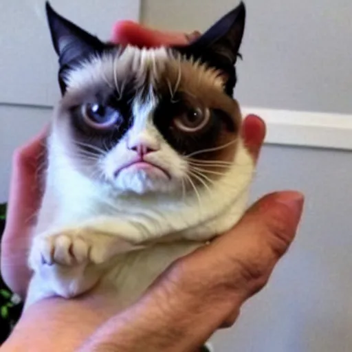 Prompt: Grumpy Cat reacts to receiving cryptocurrency