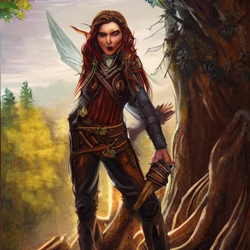 Prompt: Wood Elf, full-body tattoo, leather clothes, undercut brown hair with red highlights. Castle exterior. Evening light. High fantasy scene, professional oil painting, detailed