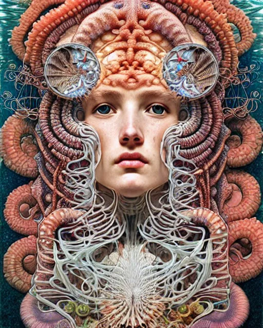 Image similar to hyperrealistic detailed underwater face portrait of the beautiful goddess of the fish skeletons with an intricate headgear of corals, sea kelp, sea plants, fish, starfish, jellyfish, art by ernst haeckel, john william godward, android jones, alphonso mucha, gothic - cyberpunk, ornamental, beautiful deep colours,