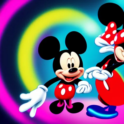 Prompt: ! dream minnie and mickey mouse doing lsd at a rave highly detailed digital photograph cinematic lighting