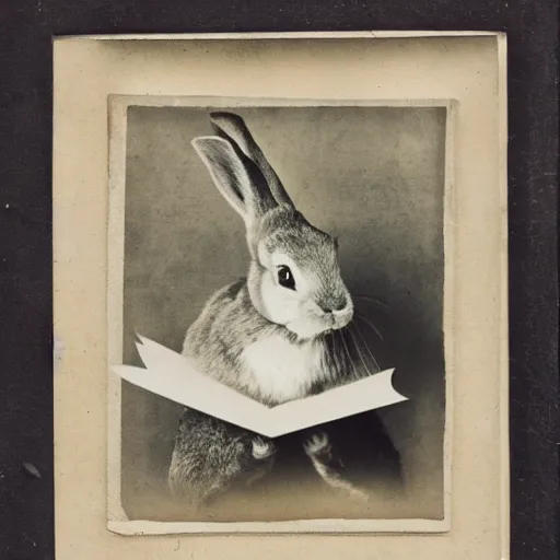 Prompt: a rabbit holding a paper, victorian photograph