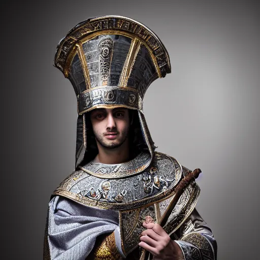 Image similar to photo of a beautiful young greek man in the costume of a byzantine emperor, fashion photo shoot, studio lighting, 4 k